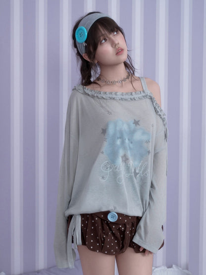 Sweet Vintage Misty Bunny Gray Asymmetrical Shoulder Print Loose T-shirt【s0000018760】