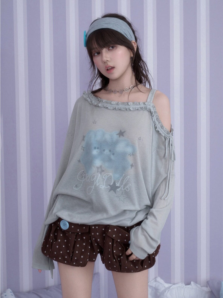 Sweet Vintage Misty Bunny Gray Asymmetrical Shoulder Print Loose T-shirt【s0000018760】