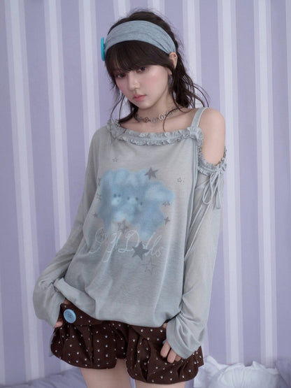 Sweet Vintage Misty Bunny Gray Asymmetrical Shoulder Print Loose T-shirt【s0000018760】