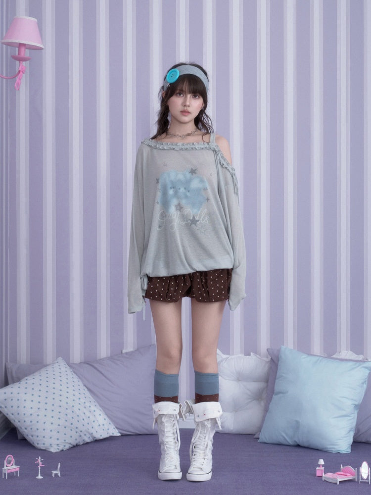 Sweet Vintage Misty Bunny Gray Asymmetrical Shoulder Print Loose T-shirt【s0000018760】