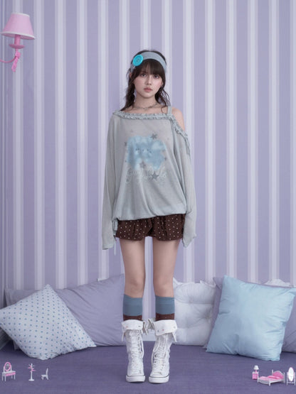 Sweet Vintage Misty Bunny Gray Asymmetrical Shoulder Print Loose T-shirt【s0000018760】