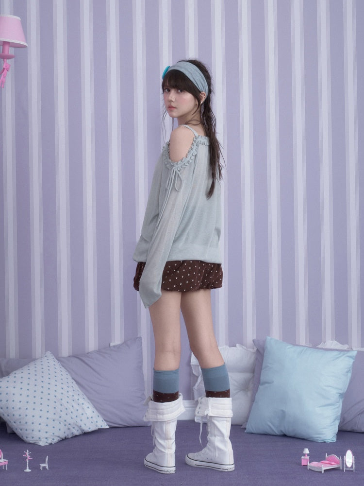 Sweet Vintage Misty Bunny Gray Asymmetrical Shoulder Print Loose T-shirt【s0000018760】