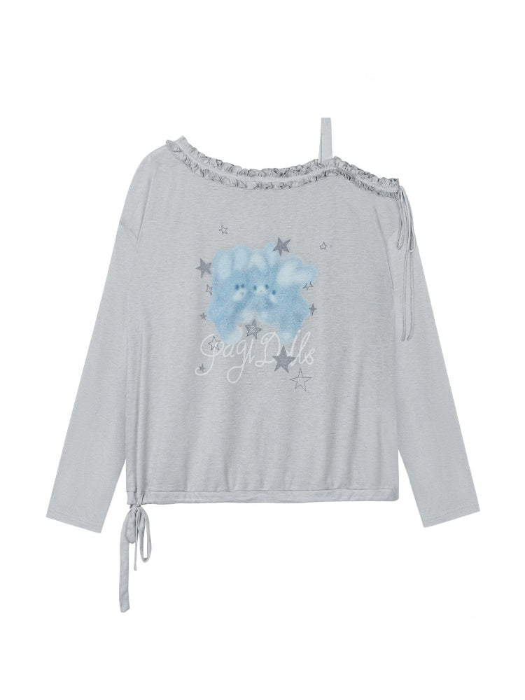 Sweet Vintage Misty Bunny Gray Asymmetrical Shoulder Print Loose T-shirt【s0000018760】
