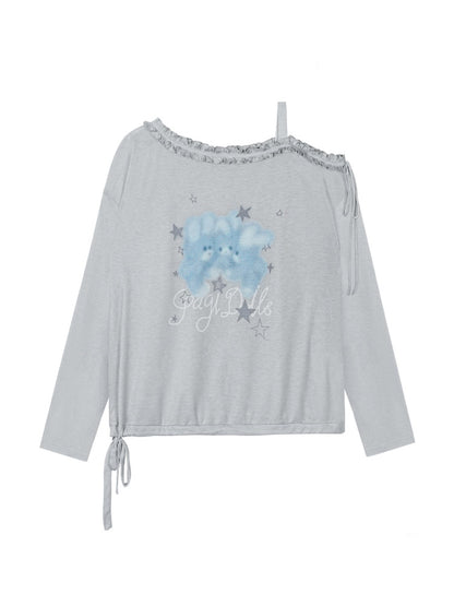Sweet Vintage Misty Bunny Gray Asymmetrical Shoulder Print Loose T-shirt【s0000018760】