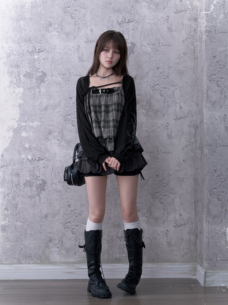 Dark Print Loose Lantern Sleeves Knit Cardigan【s0000018761】