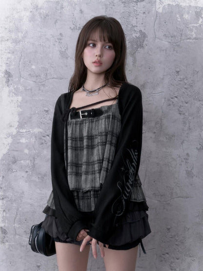 Dark Print Loose Lantern Sleeves Knit Cardigan【s0000018761】