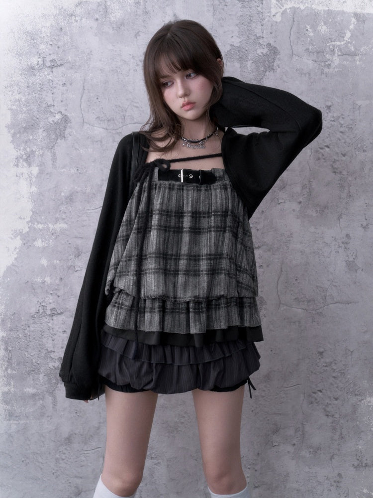 Black&Gray Plaid Flower Bud Camisole Loose Cover-Up Knit Cardigan Two-Piece Set【s0000018762】