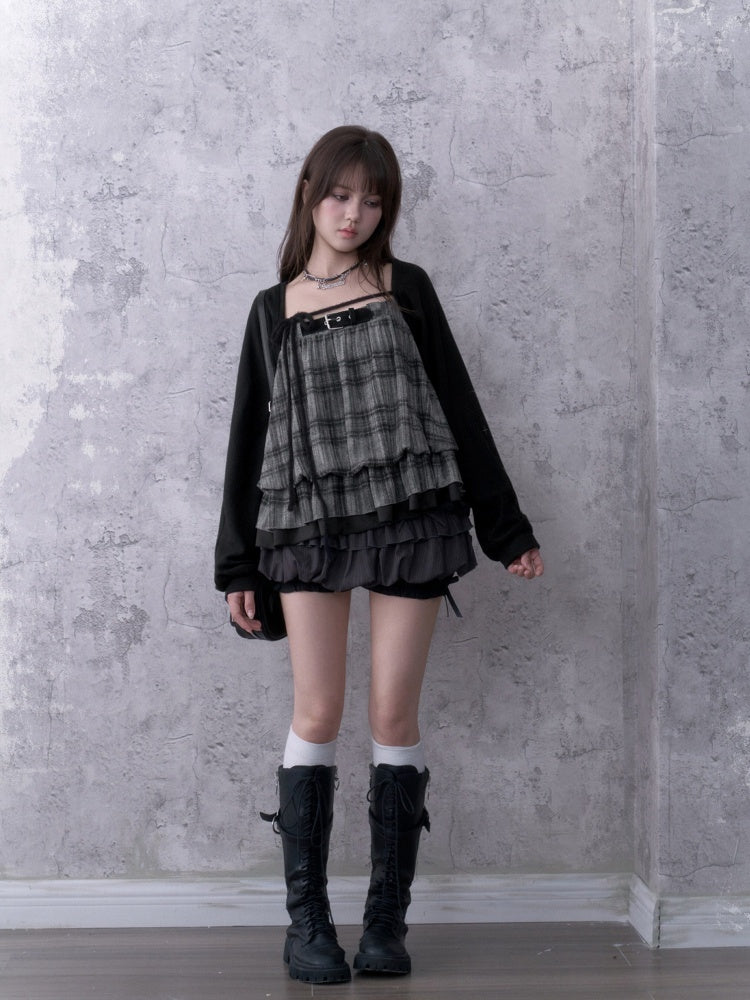 Black&Gray Plaid Flower Bud Camisole Loose Cover-Up Knit Cardigan Two-Piece Set【s0000018762】