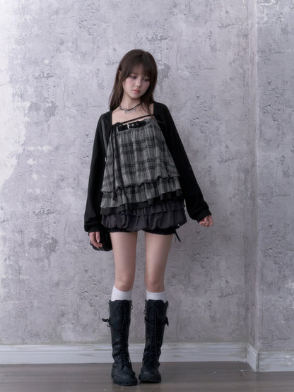 Black&Gray Plaid Flower Bud Camisole Loose Cover-Up Knit Cardigan Two-Piece Set【s0000018762】