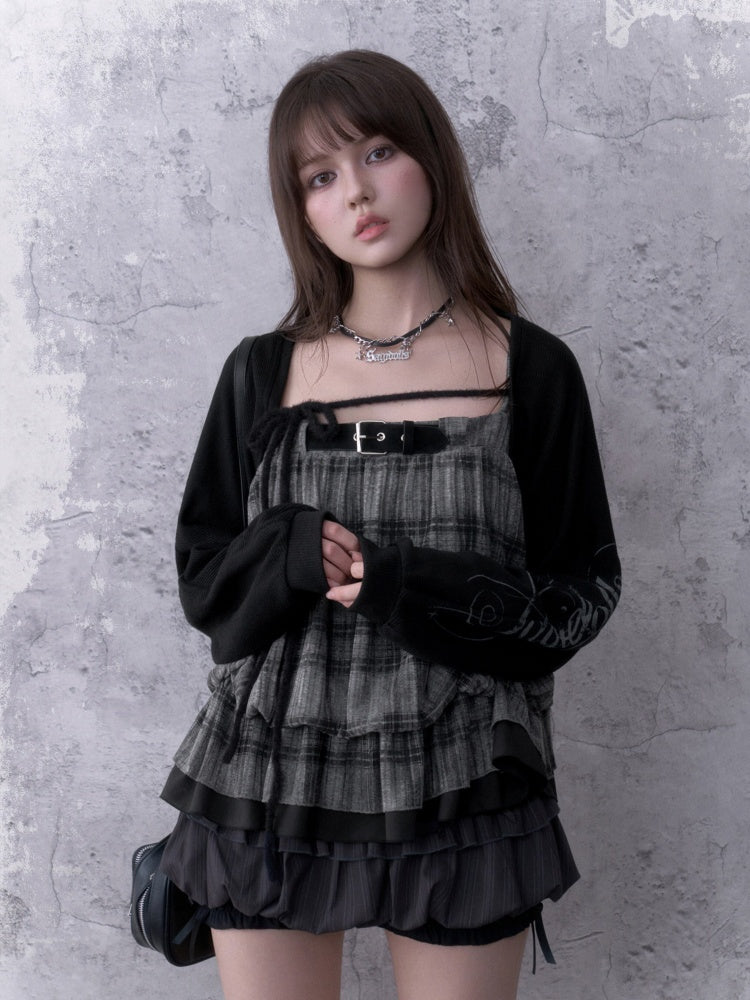 Black&Gray Plaid Flower Bud Camisole Loose Cover-Up Knit Cardigan Two-Piece Set【s0000018762】