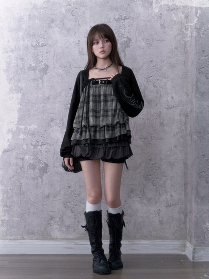 Black&Gray Plaid Flower Bud Camisole Loose Cover-Up Knit Cardigan Two-Piece Set【s0000018762】