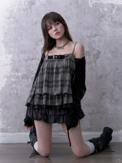 Black&Gray Plaid Flower Bud Camisole Loose Cover-Up Knit Cardigan Two-Piece Set【s0000018762】