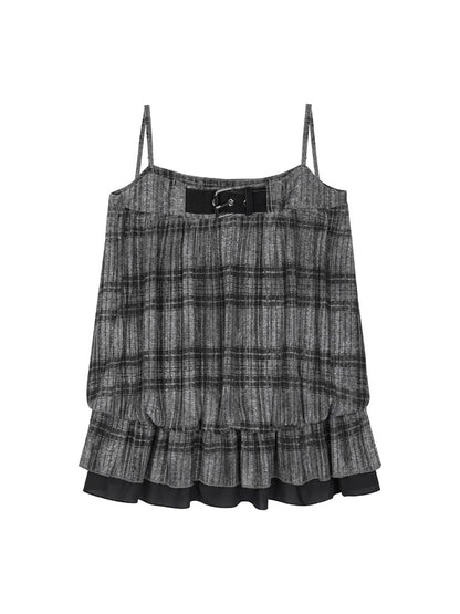 Black&Gray Plaid Flower Bud Camisole Loose Cover-Up Knit Cardigan Two-Piece Set【s0000018762】