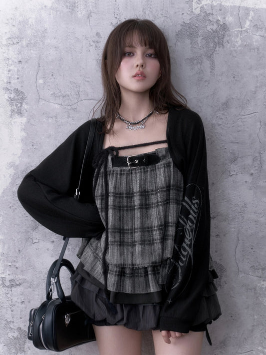 Black&Gray Plaid Flower Bud Camisole Loose Cover-Up Knit Cardigan Two-Piece Set【s0000018762】