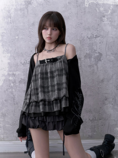 Black&Gray Plaid Flower Bud Camisole Loose Cover-Up Knit Cardigan Two-Piece Set【s0000018762】