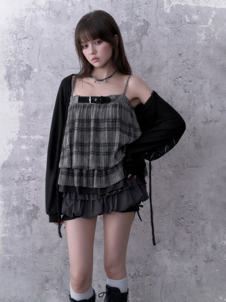 Black&Gray Plaid Flower Bud Camisole Loose Cover-Up Knit Cardigan Two-Piece Set【s0000018762】