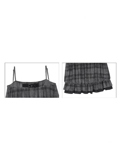 Black&Gray Plaid Flower Bud Camisole Loose Cover-Up Knit Cardigan Two-Piece Set【s0000018762】
