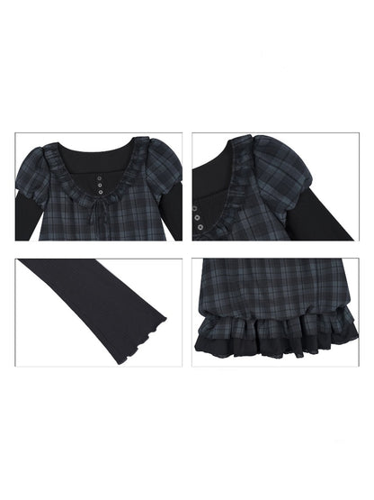 Relaxed Blue Black Plaid Bud Babydoll Dress【s0000018763】