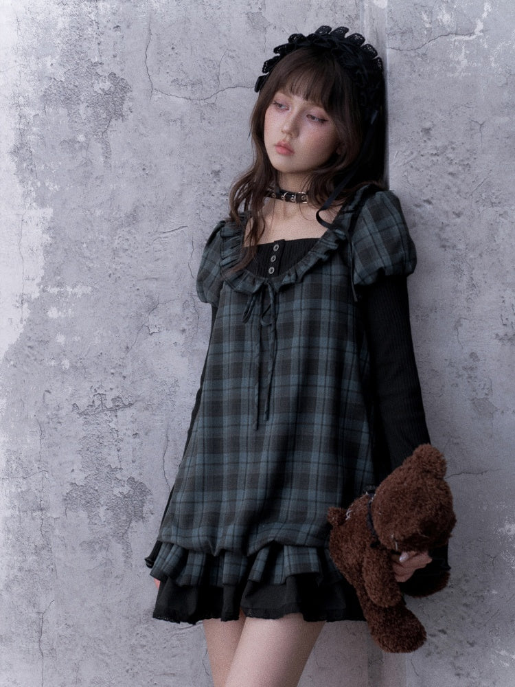 Relaxed Blue Black Plaid Bud Babydoll Dress【s0000018763】