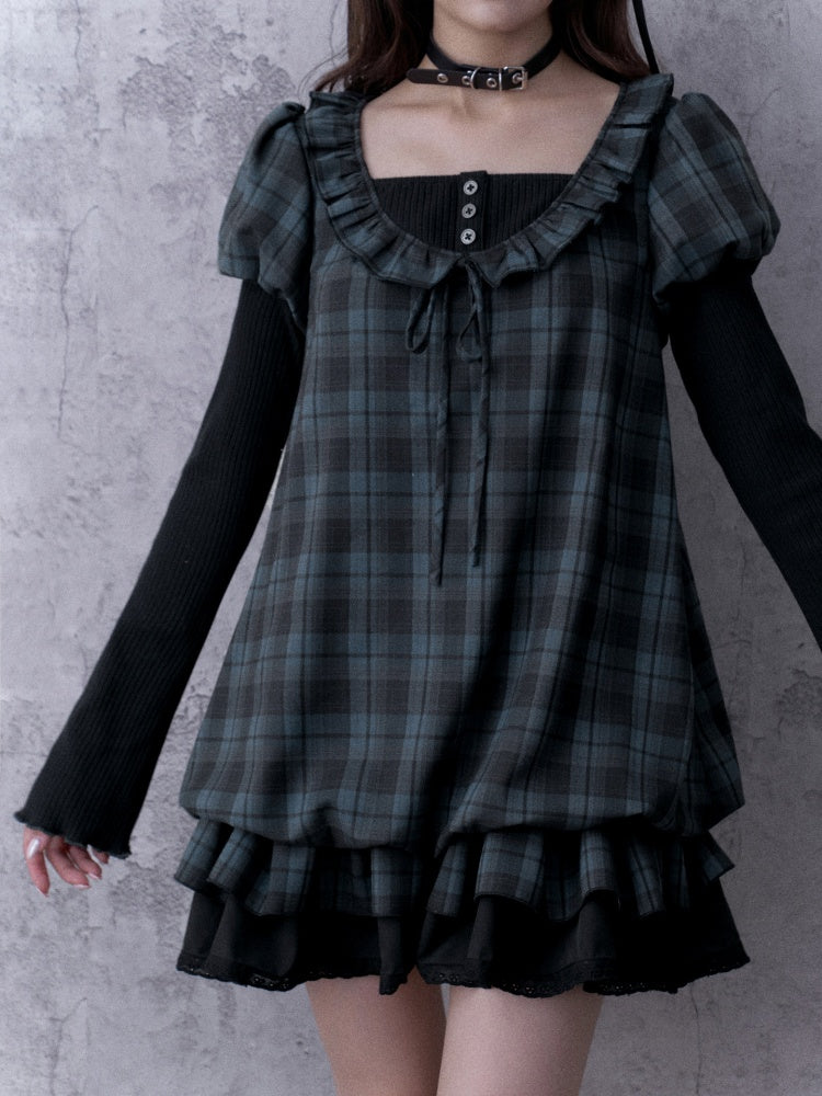 Relaxed Blue Black Plaid Bud Babydoll Dress【s0000018763】