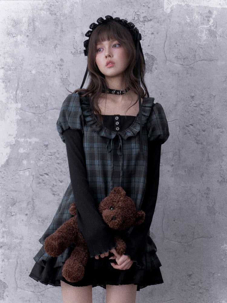 Relaxed Blue Black Plaid Bud Babydoll Dress【s0000018763】