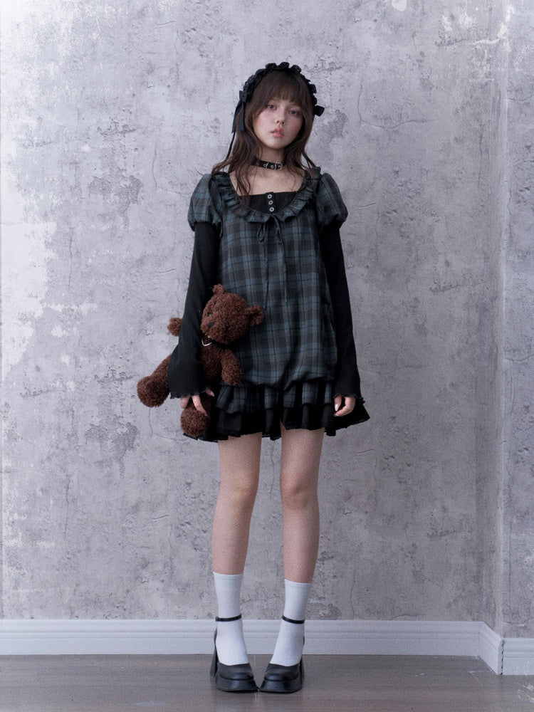 Relaxed Blue Black Plaid Bud Babydoll Dress【s0000018763】