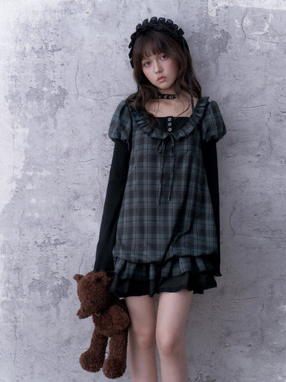 Relaxed Blue Black Plaid Bud Babydoll Dress【s0000018763】