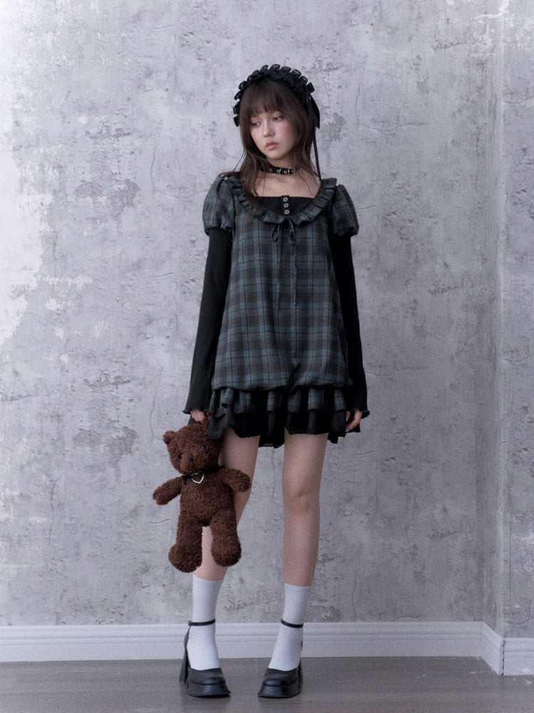 Relaxed Blue Black Plaid Bud Babydoll Dress【s0000018763】