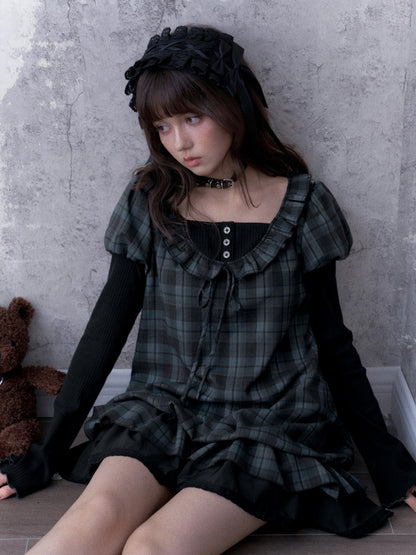 Relaxed Blue Black Plaid Bud Babydoll Dress【s0000018763】