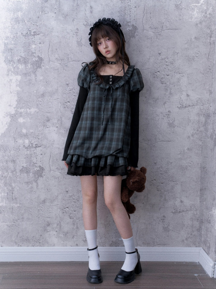 Relaxed Blue Black Plaid Bud Babydoll Dress【s0000018763】
