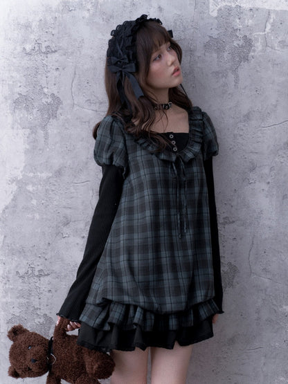 Relaxed Blue Black Plaid Bud Babydoll Dress【s0000018763】