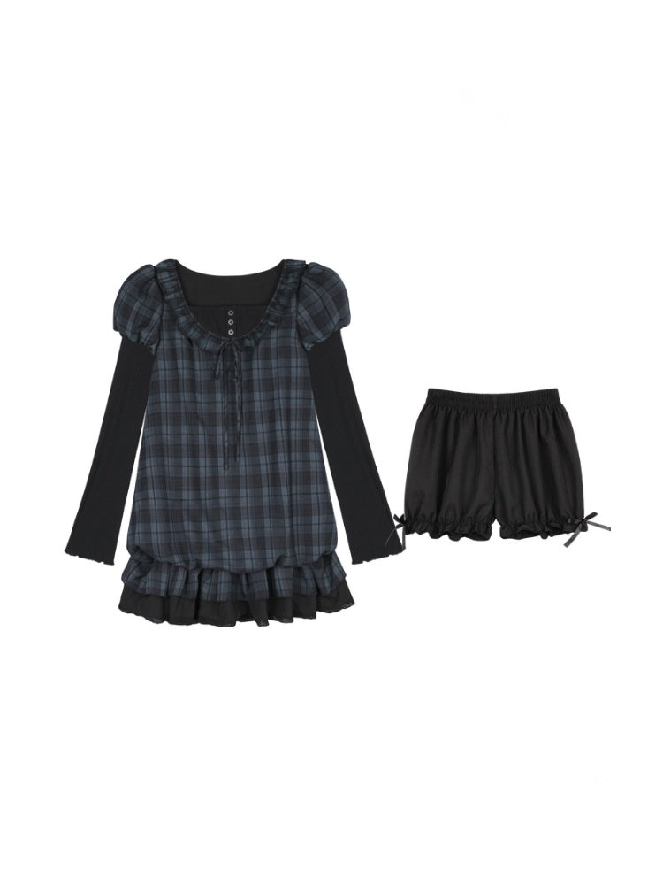 Relaxed Blue Black Plaid Bud Babydoll Dress【s0000018763】