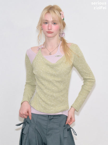 Vintage Fake Two-Piece Patchwork Green&Purple Halter Neck Knit Tops【s0000018764】