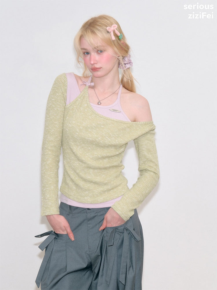 Vintage Fake Two-Piece Patchwork Green&Purple Halter Neck Knit Tops【s0000018764】
