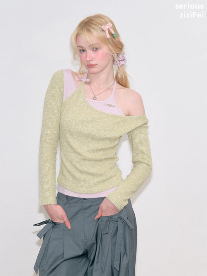 Vintage Fake Two-Piece Patchwork Green&Purple Halter Neck Knit Tops【s0000018764】