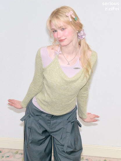 Vintage Fake Two-Piece Patchwork Green&Purple Halter Neck Knit Tops【s0000018764】