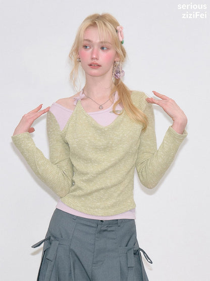 Vintage Fake Two-Piece Patchwork Green&Purple Halter Neck Knit Tops【s0000018764】