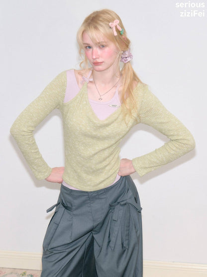 Vintage Fake Two-Piece Patchwork Green&Purple Halter Neck Knit Tops【s0000018764】