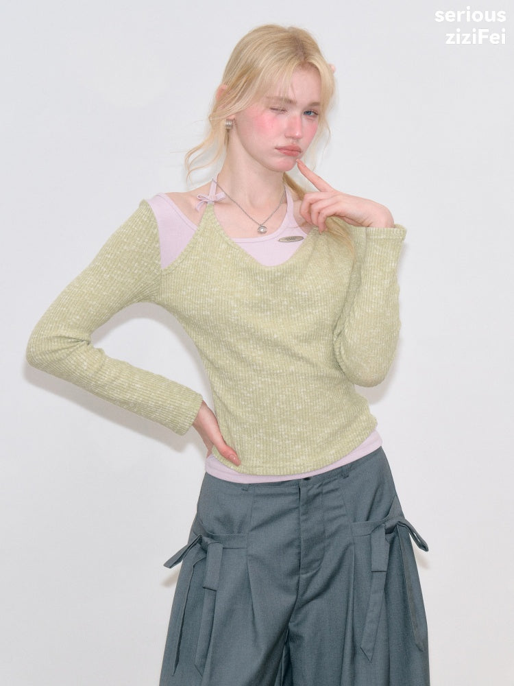 Vintage Fake Two-Piece Patchwork Green&Purple Halter Neck Knit Tops【s0000018764】