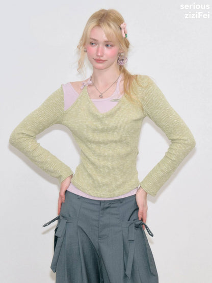 Vintage Fake Two-Piece Patchwork Green&Purple Halter Neck Knit Tops【s0000018764】