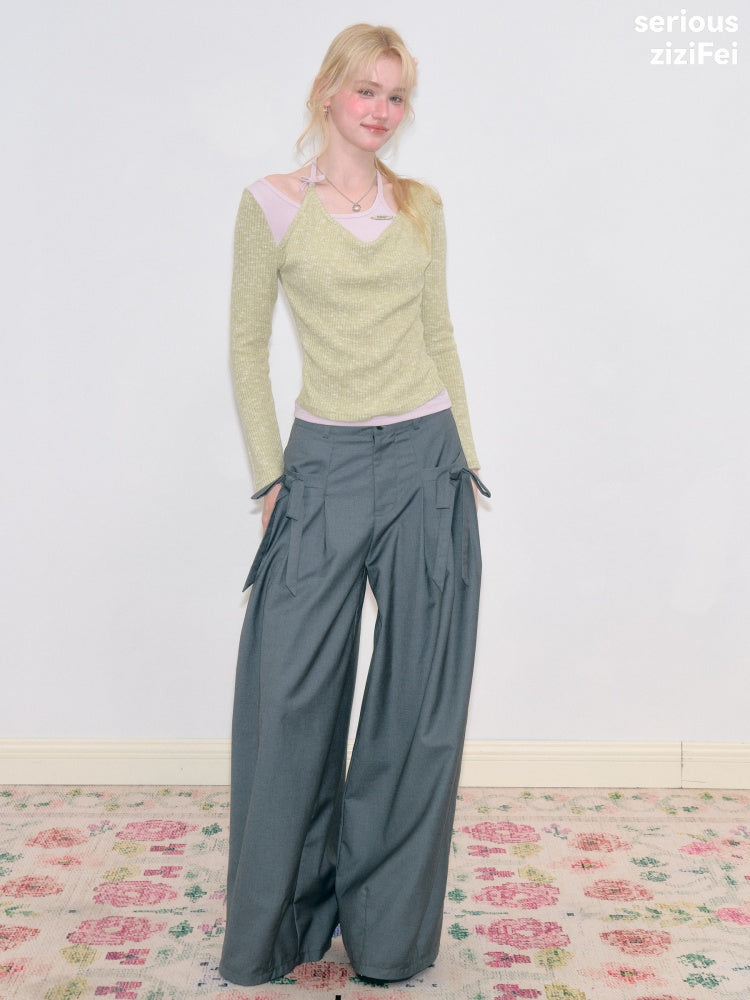 Vintage Fake Two-Piece Patchwork Green&Purple Halter Neck Knit Tops【s0000018764】