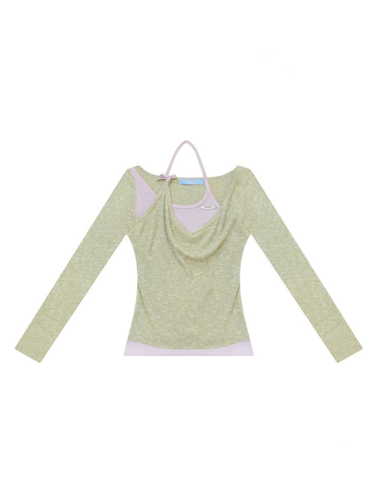 Vintage Fake Two-Piece Patchwork Green&Purple Halter Neck Knit Tops【s0000018764】