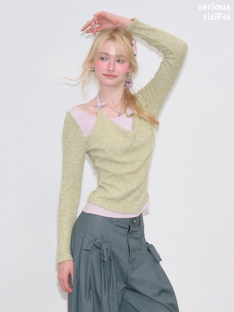 Vintage Fake Two-Piece Patchwork Green&Purple Halter Neck Knit Tops【s0000018764】