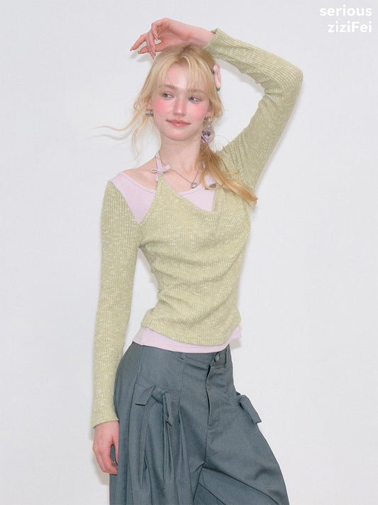 Vintage Fake Two-Piece Patchwork Green&Purple Halter Neck Knit Tops【s0000018764】