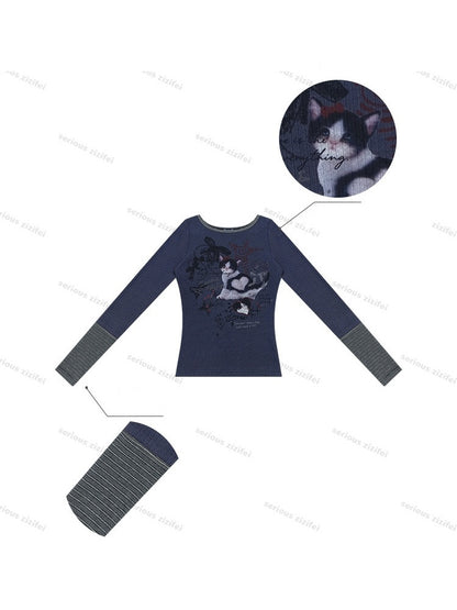 Vintage Heart Graffiti Cat Print Dark Blue Artistic Knit Tops【s0000018765】