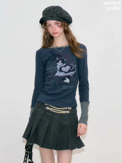 Vintage Heart Graffiti Cat Print Dark Blue Artistic Knit Tops【s0000018765】