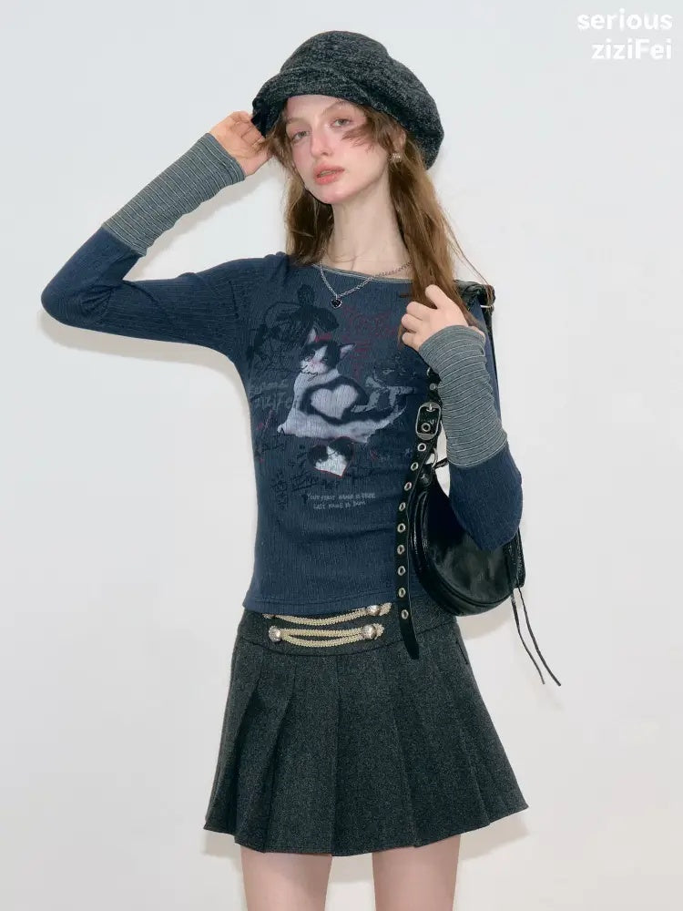 Vintage Heart Graffiti Cat Print Dark Blue Artistic Knit Tops【s0000018765】