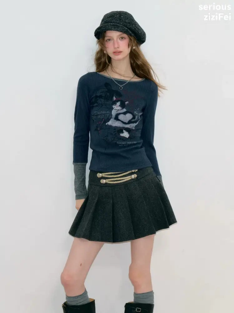 Vintage Heart Graffiti Cat Print Dark Blue Artistic Knit Tops【s0000018765】