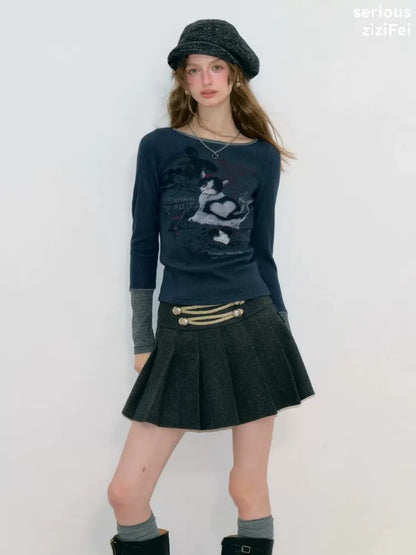 Vintage Heart Graffiti Cat Print Dark Blue Artistic Knit Tops【s0000018765】