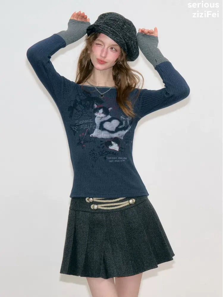 Vintage Heart Graffiti Cat Print Dark Blue Artistic Knit Tops【s0000018765】